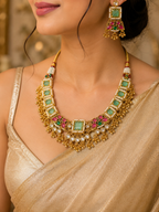 Trending Heritage Mint Green & Pink Necklace Set with Earrings