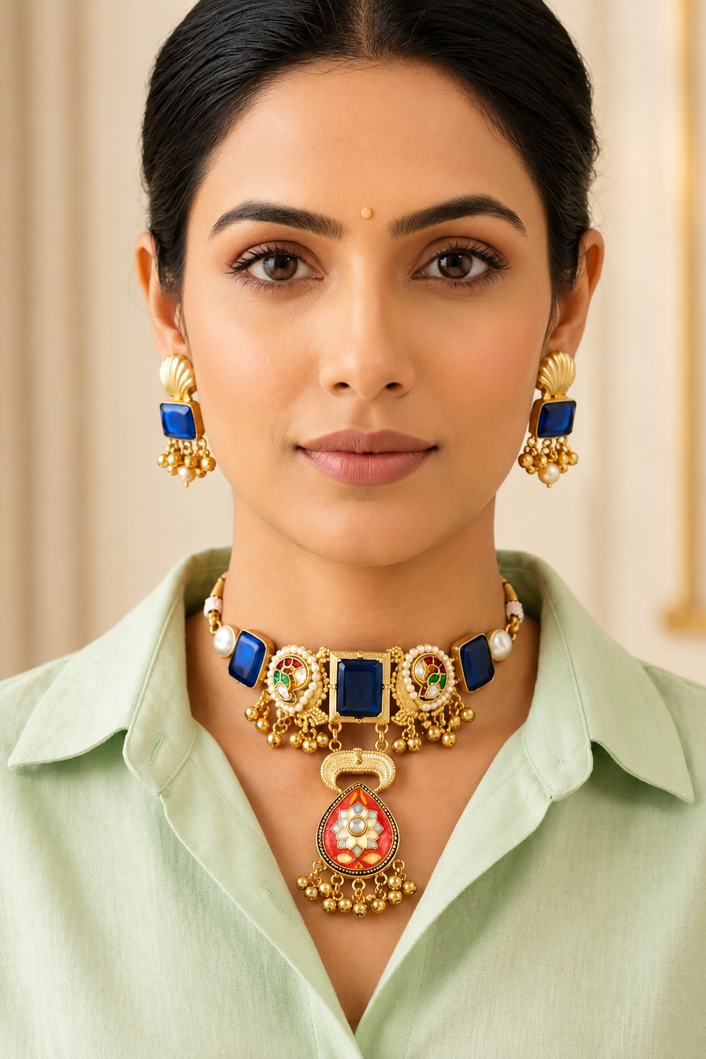 Trendy Choker Set with Earrings – Mint & Blue Stone Variants