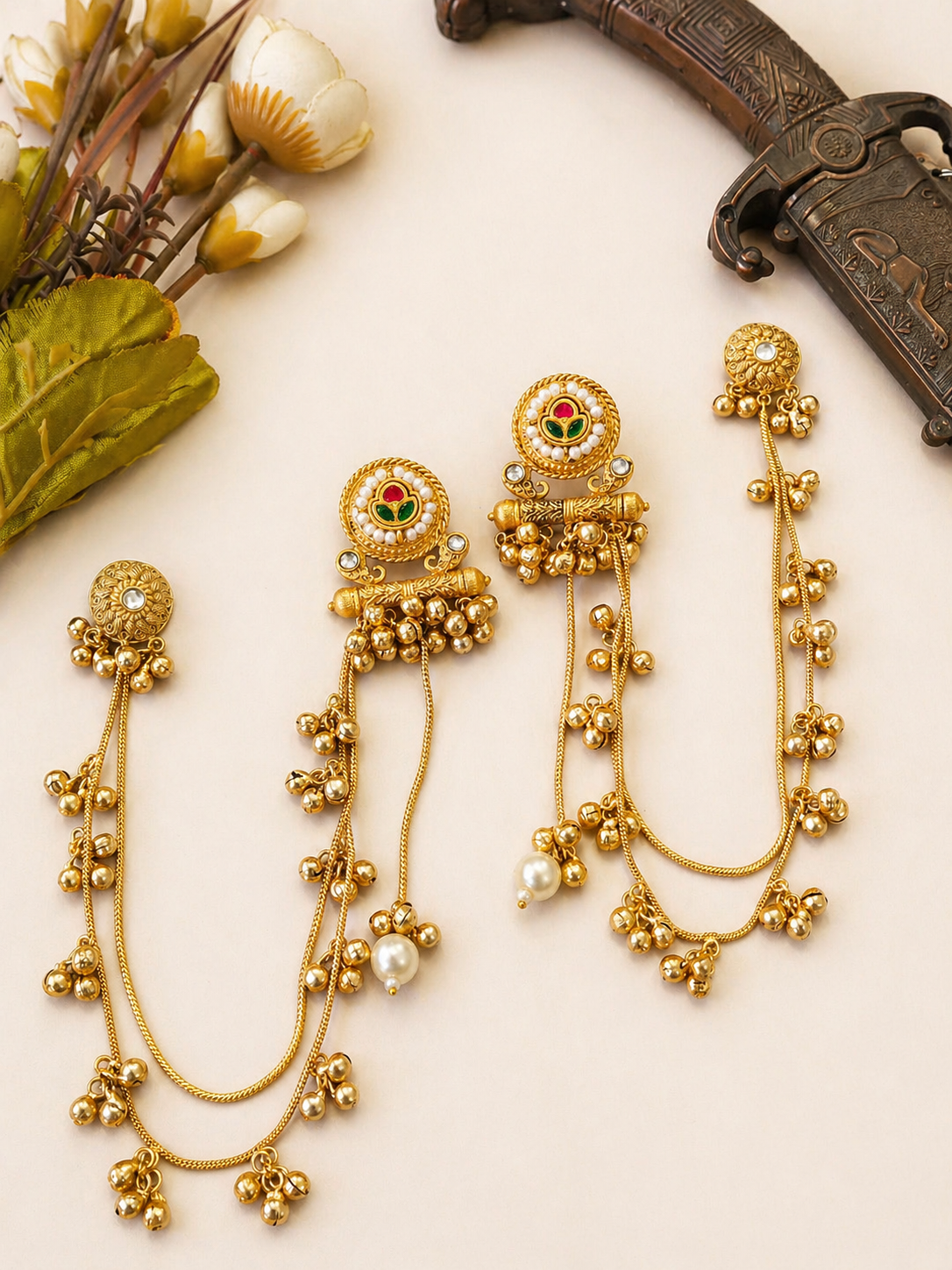 Multicolor Ear Cuff with Ghungroo Chains – Traditional Statement Earrings
