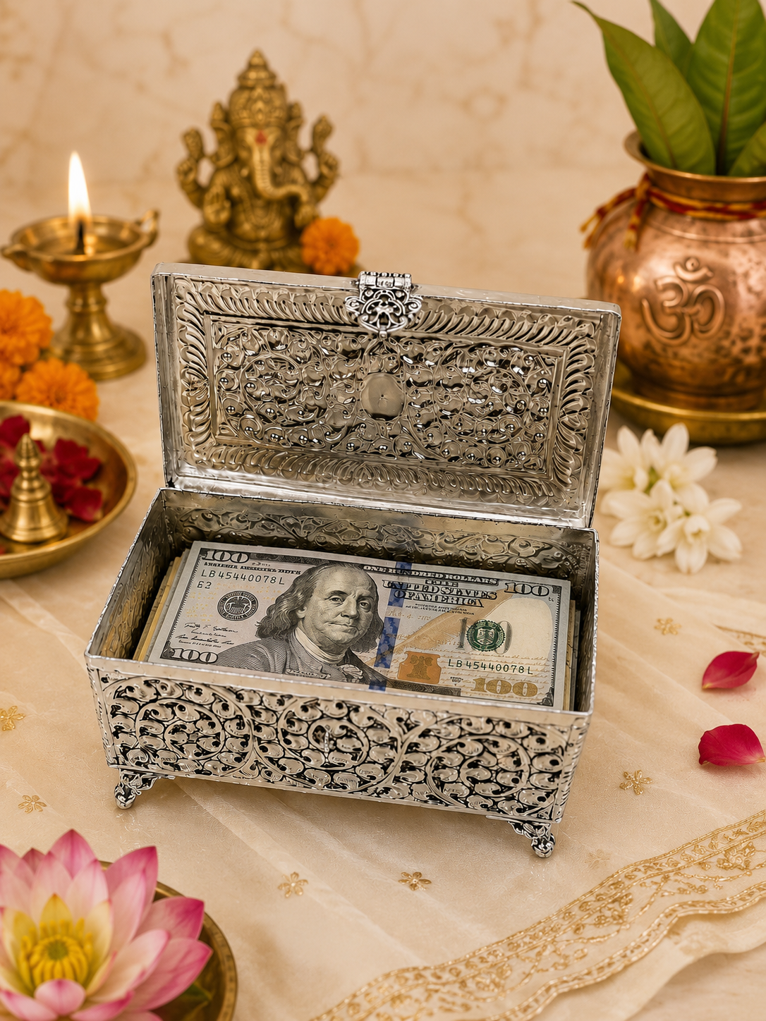 German Silver Hand Engraved Multi-Usage Cash Box