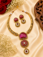 Royal Antique Pink Stone Necklace Set with Earrings