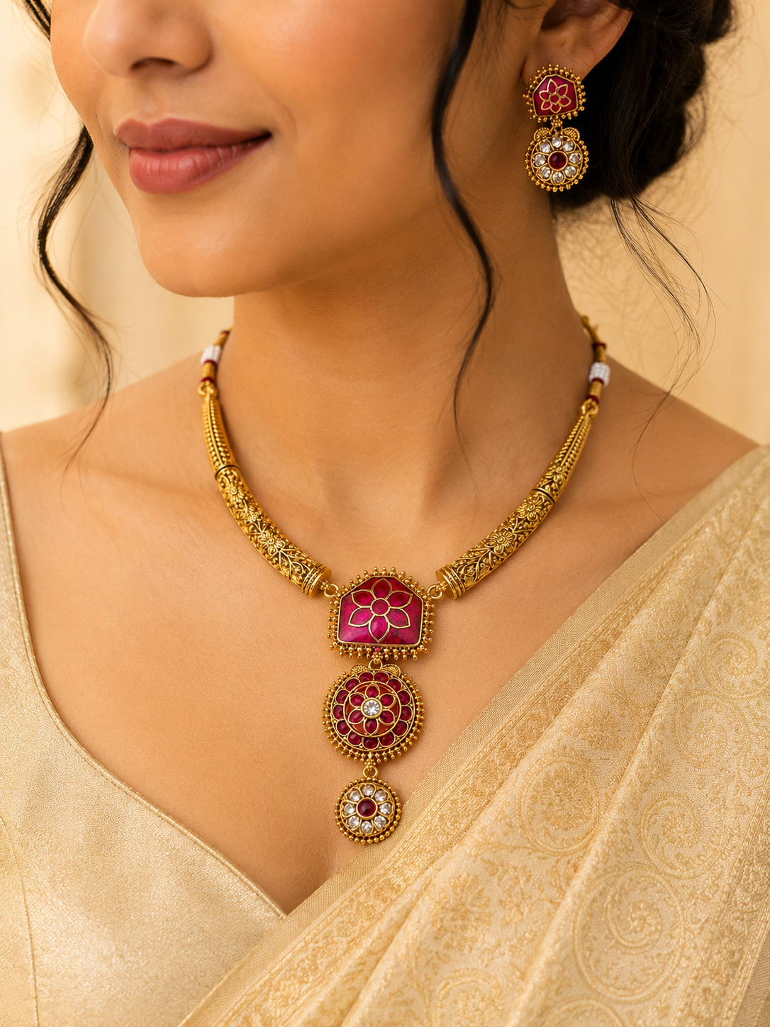 Royal Antique Pink Stone Necklace Set with Earrings