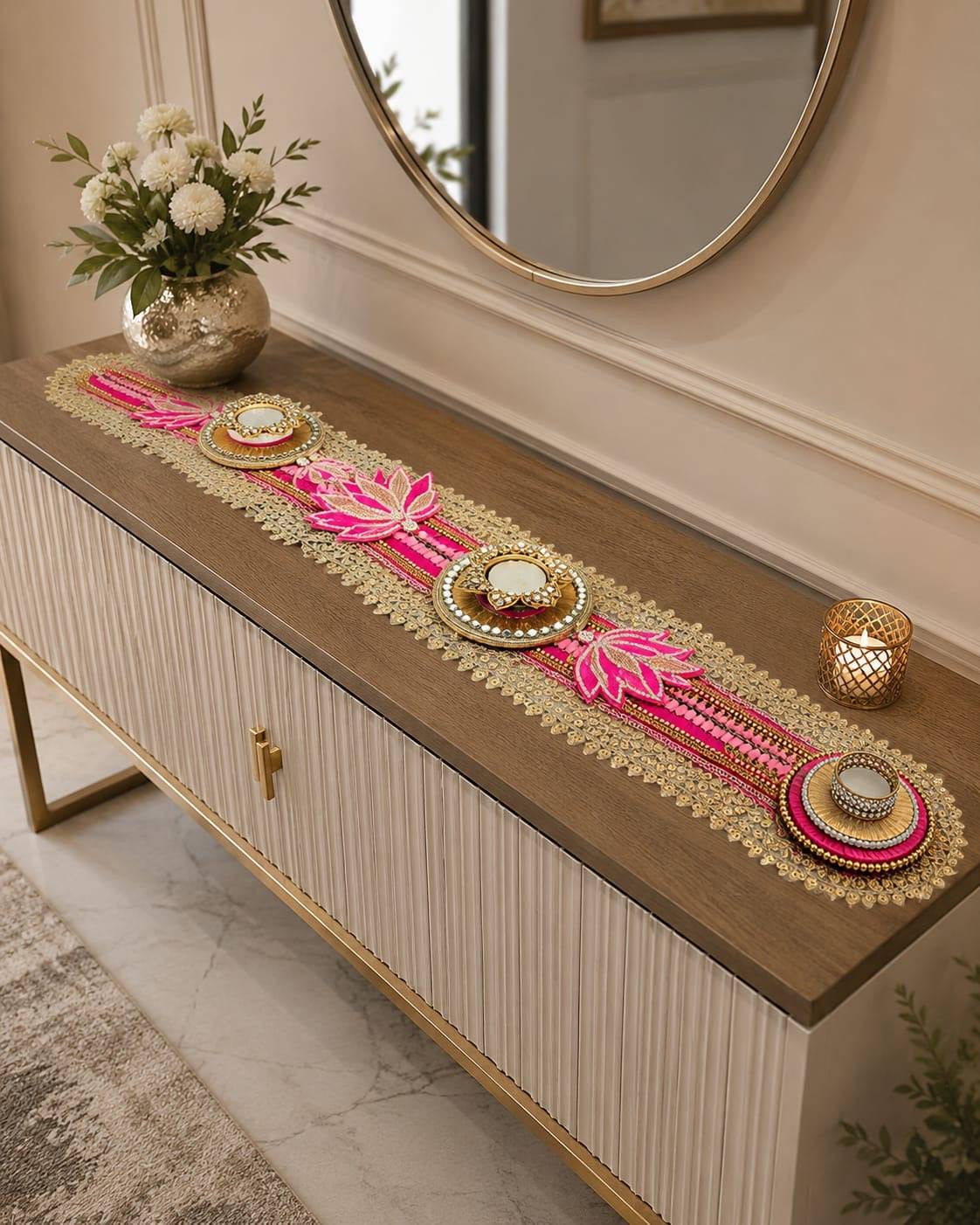 Lotus Theme Table Runner Mat Rangolis
