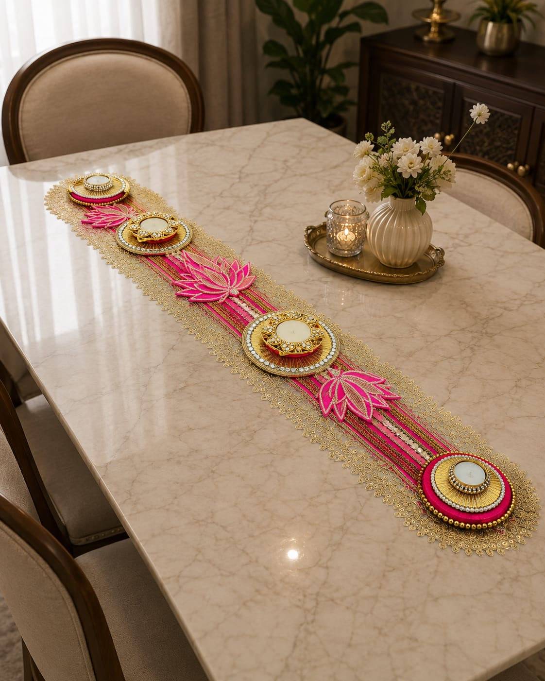 Lotus Theme Table Runner Mat Rangolis