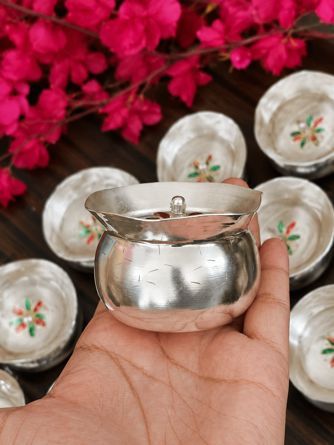 Elegant German Silver Handi with Acrylic Bowl & Lid (Set of 5)