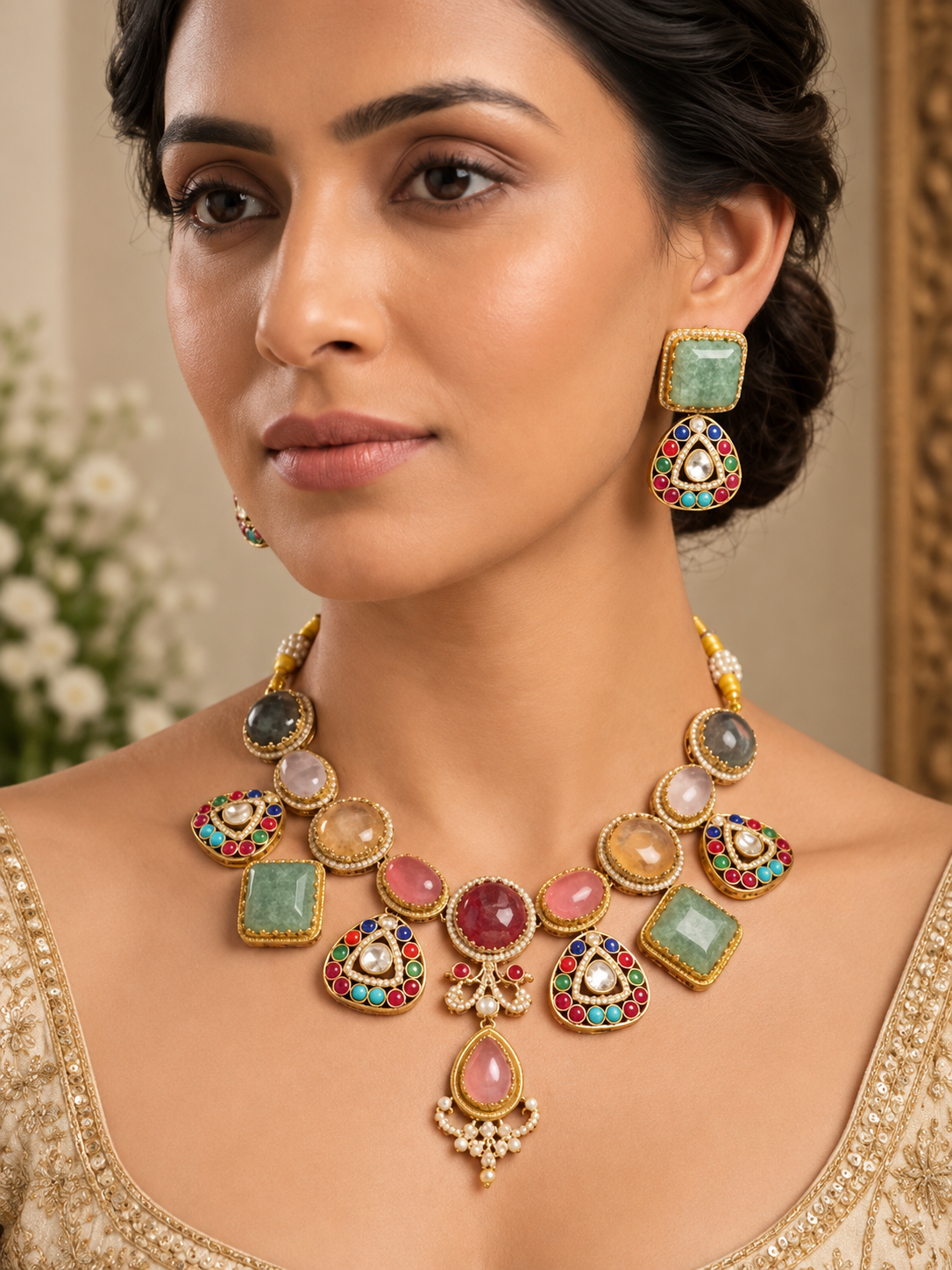Doublet Russian Stone Choker Set with Matching Earrings | Statement Jewelry