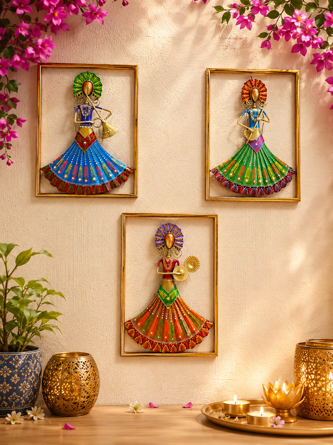 Handpainted Rajasthani Musical Lady Wall Art – Set of 3