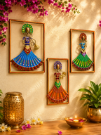 Handpainted Rajasthani Musical Lady Wall Art – Set of 3