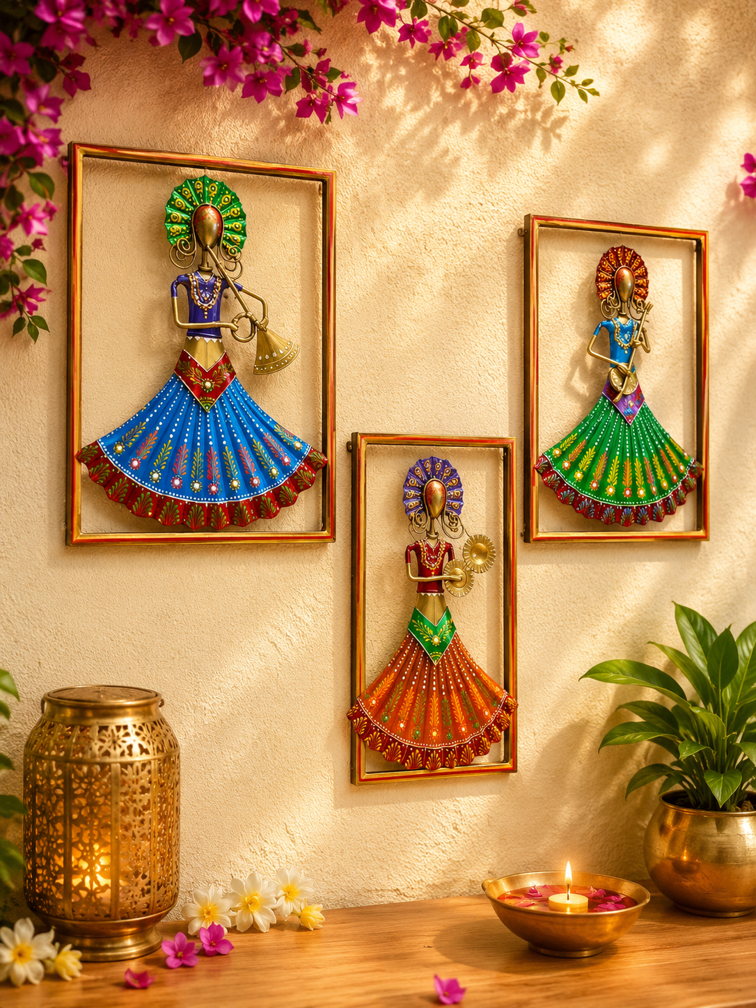 Handpainted Rajasthani Musical Lady Wall Art – Set of 3